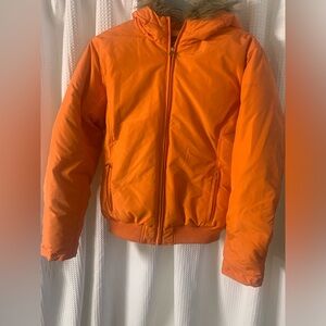IZOD Outerwear Orange Neon Puffer Coat Faux Fur Hood Warm Jacket